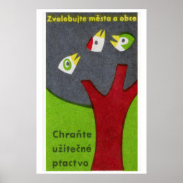 Tre fåglar i träd - Matchbox-utskrift - Tjeckisk v Poster