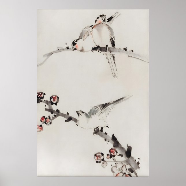 Tre fåglar sittande på grenar Japansk finkonst Poster (Framsidan)