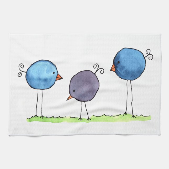 Tre fantasifulla akvarellfåglar kökshandduk (Horisontell)