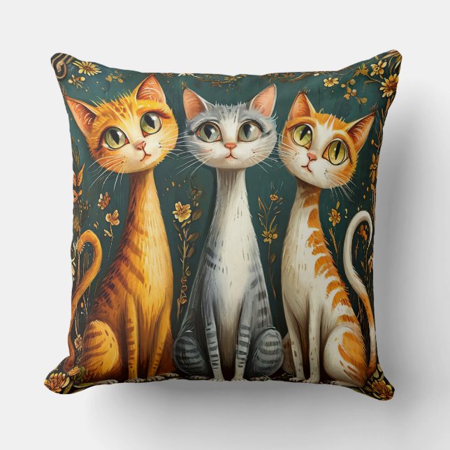 Tre fantasifulla kattillustrationer kudde (Framsida)