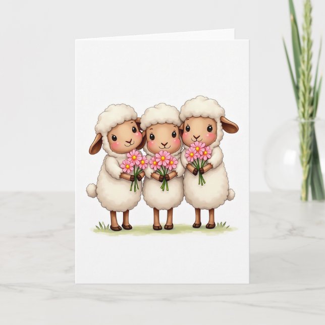 Tre får med blommor kort (Framsida)