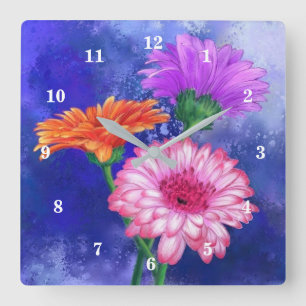 Tre Färg Gerberas Wall Clock - Vår-målning Fyrkantig Klocka