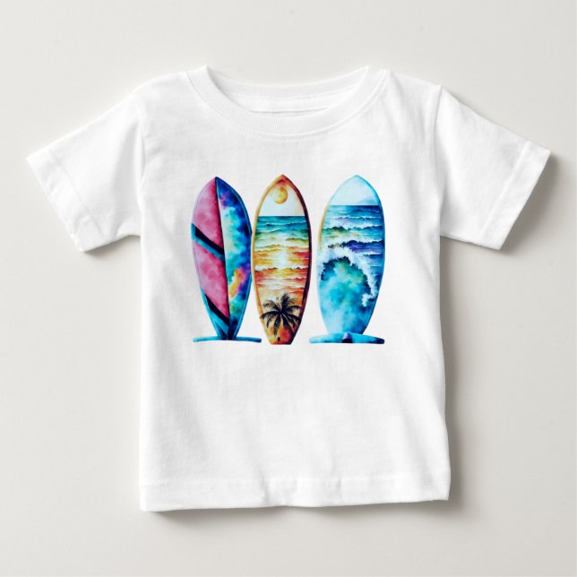 Tre färgade vattenfärgade surfbrädor t shirt (Framsida)