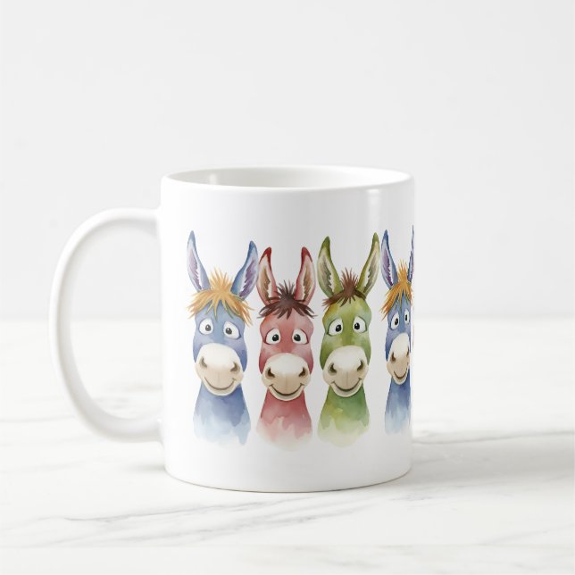 Tre färgglada seriefigurer av åsnor i akvarellstil kaffemugg (Vänster)