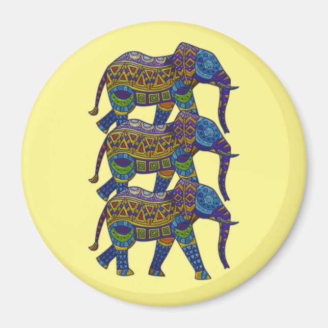 Tre färgstarka mosaic Elephants Magnet (Framsidan)