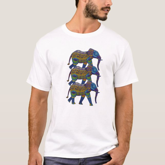 Tre färgstarka mosaic Elephants T-shirt (Framsida)