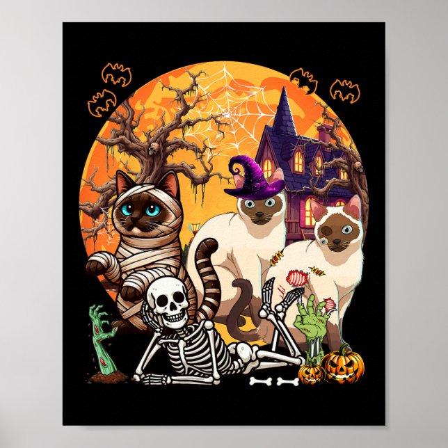 Tre fasor Siamese Cats Cosplay Witch Halloween Poster (Framsidan)