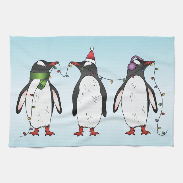 Tre festliga julpenguins illustration kökshandduk (Horisontell)