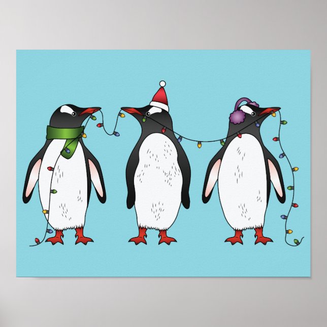 Tre festliga julpenguins illustration poster (Framsidan)