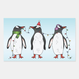 Tre festliga julpingviner illustration rektangulärt klistermärke