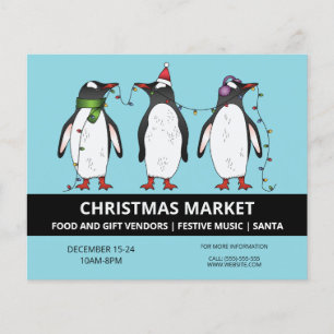 Tre festliga pingviner på blått - julmarknad flygblad