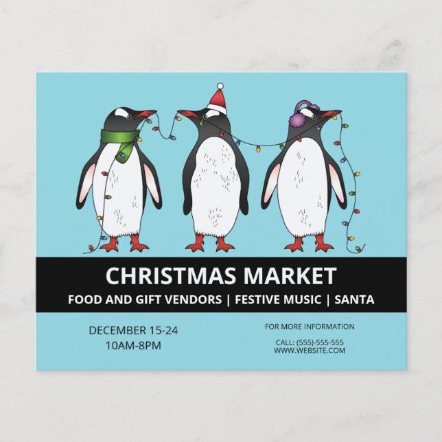Tre festliga pingviner på blått - julmarknad flygblad (Framsidan)