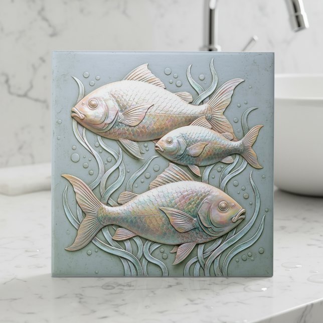 Tre fiskar Opalescent Basrelief D1221 Kakelplatta (Skapare uppladdad)