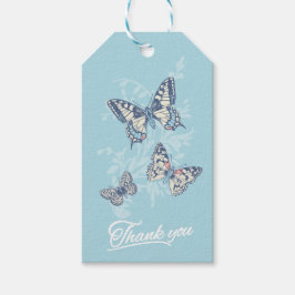 Tre fjärilar teckning ljusblå tack presentetikett