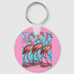Tre Flamingos med blommor Nyckelring