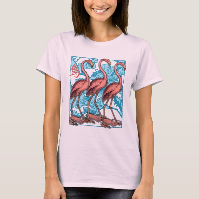 Tre Flamingos med blommor T-shirt (Framsida)