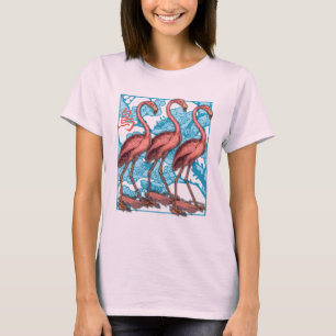 Tre Flamingos med blommor Tee