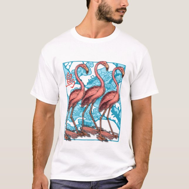 Tre Flamingos med blommor Tee Shirt (Framsida)