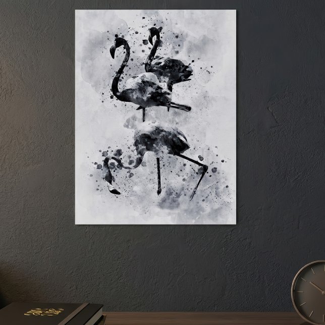 Tre flamingos svart och vit akvarell poster (Three Flamingos Black and White Watercolor. Poster)
