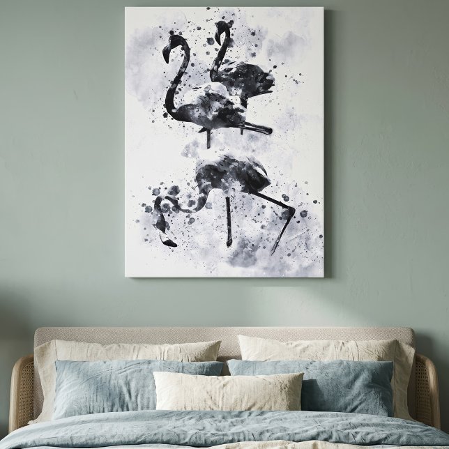 Tre flamingos svart och vitt akvarell canvastryck (Three Flamingos Black and White Watercolor. Canvas Print)