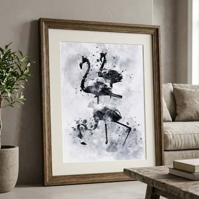 Tre flamingos Svart och Vitt Akvarell Fototryck (Three Flamingos Black and White Watercolor. Photo Print)