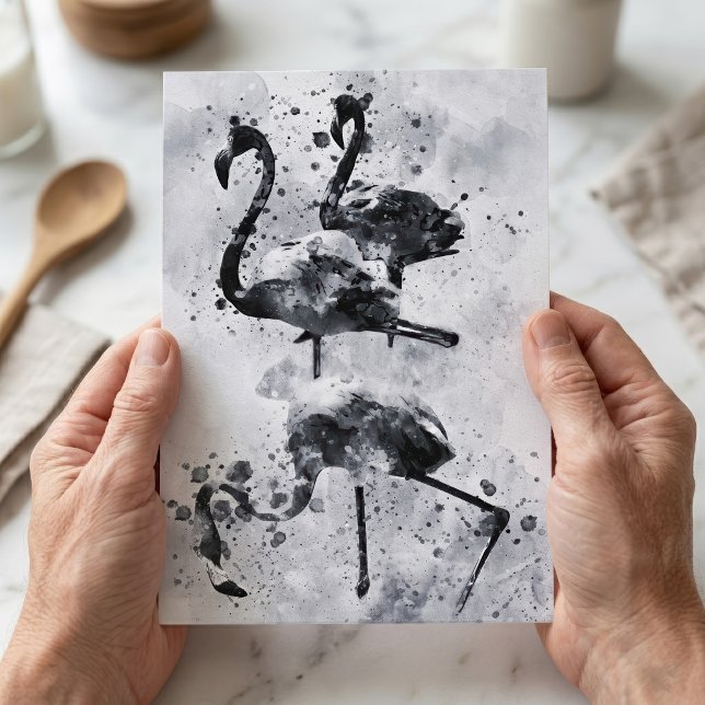 Tre flamingos svart och vitt akvarell vykort (Three Flamingos Black and White Watercolor. Postcard)