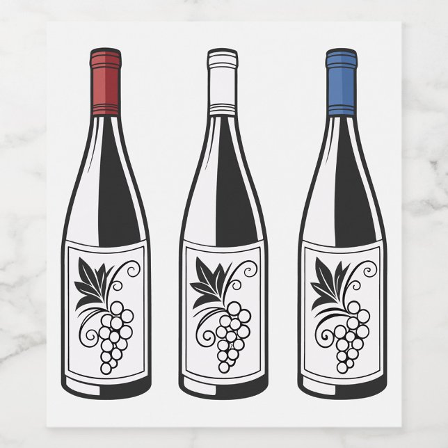 Tre flaskor mat- och dryckesetikettset vinflaska etikett (Illustration of three wine bottles, each with a different colored cap: red, white, and blue. )