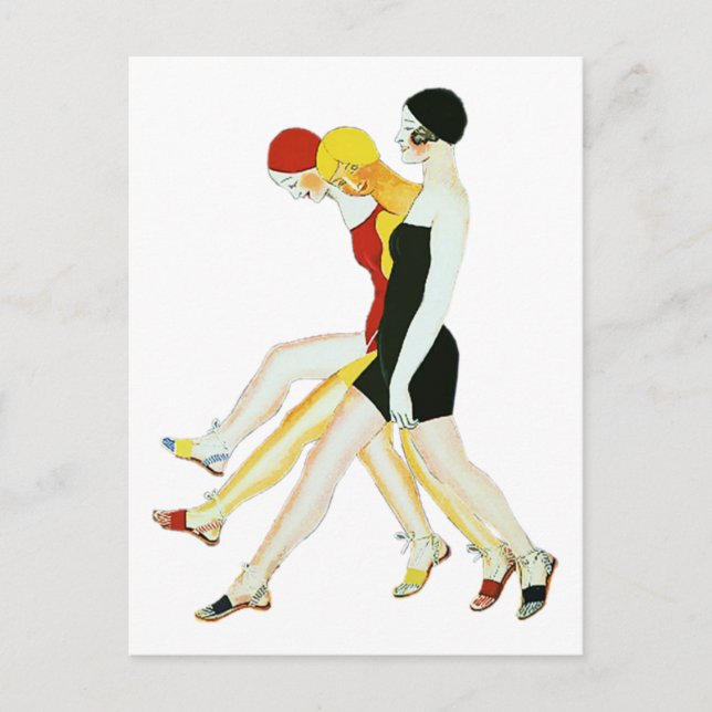 Tre flickor går - 1920-talets illustration vykort (Framsida)