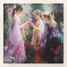 Tre flickor leker i trädgården