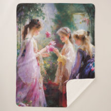 Tre flickor leker i trädgården