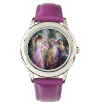 Tre flickor leker i trädgården