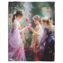 Tre flickor leker i trädgården