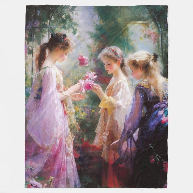 Tre flickor leker i trädgården fleecefilt (Framsidan)