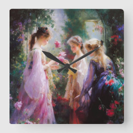 Tre flickor leker i trädgården fyrkantig klocka