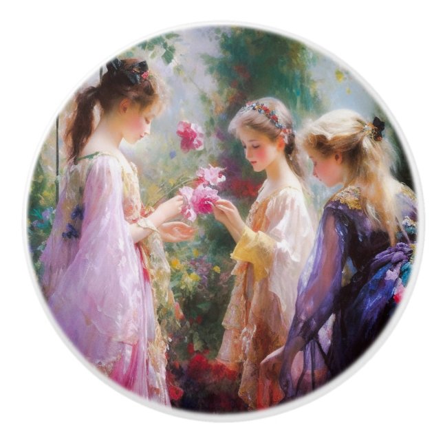 Tre flickor leker i trädgården knopp (Framsidan)