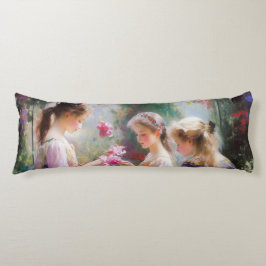 Tre flickor leker i trädgården kroppskudde