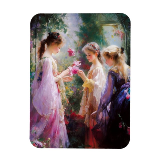 Tre flickor leker i trädgården magnet (Vertikal)