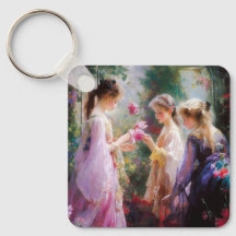 Tre flickor leker i trädgården