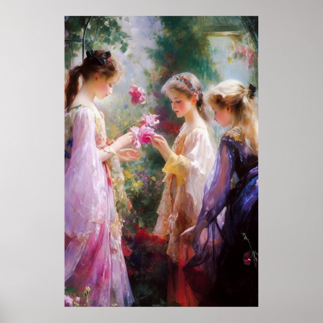 Tre flickor leker i trädgården poster (Framsidan)