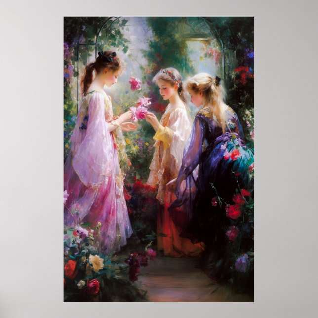 Tre flickor leker i trädgården poster (Framsidan)