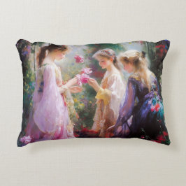 Tre flickor leker i trädgården prydnadskudde