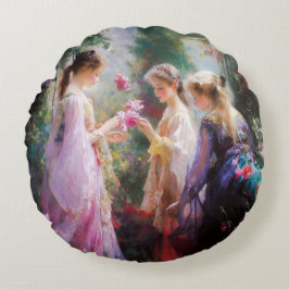 Tre flickor leker i trädgården rund kudde