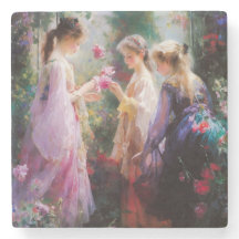 Tre flickor leker i trädgården