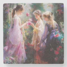 Tre flickor leker i trädgården stenunderlägg