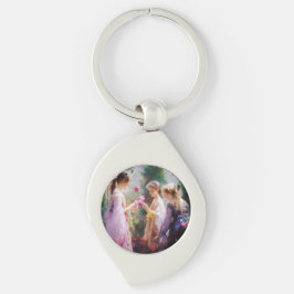 Tre flickor leker i trädgården swirl silverfärgad nyckelring