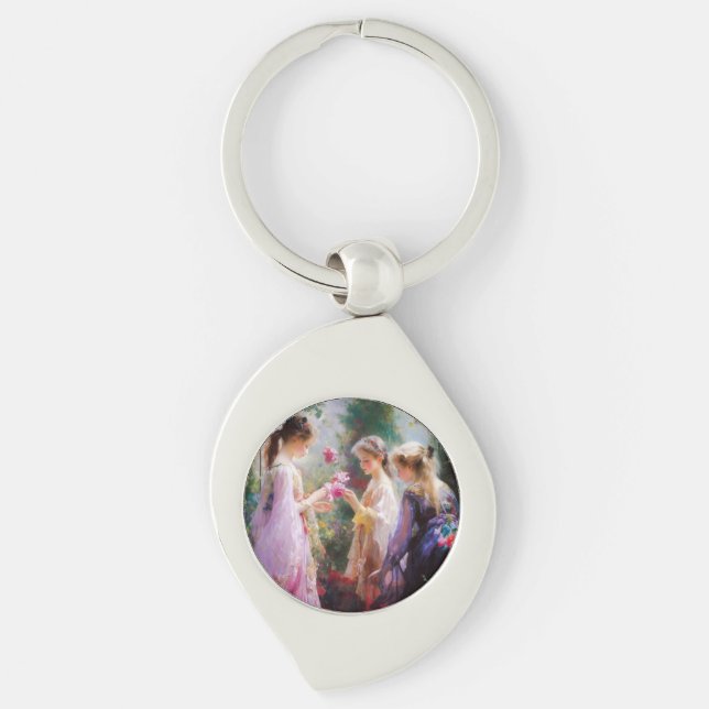 Tre flickor leker i trädgården swirl silverfärgad nyckelring (Framsidan)