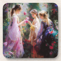 Tre flickor leker i trädgården