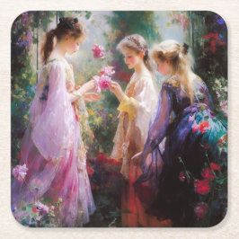 Tre flickor leker i trädgården underlägg papper kvadrat