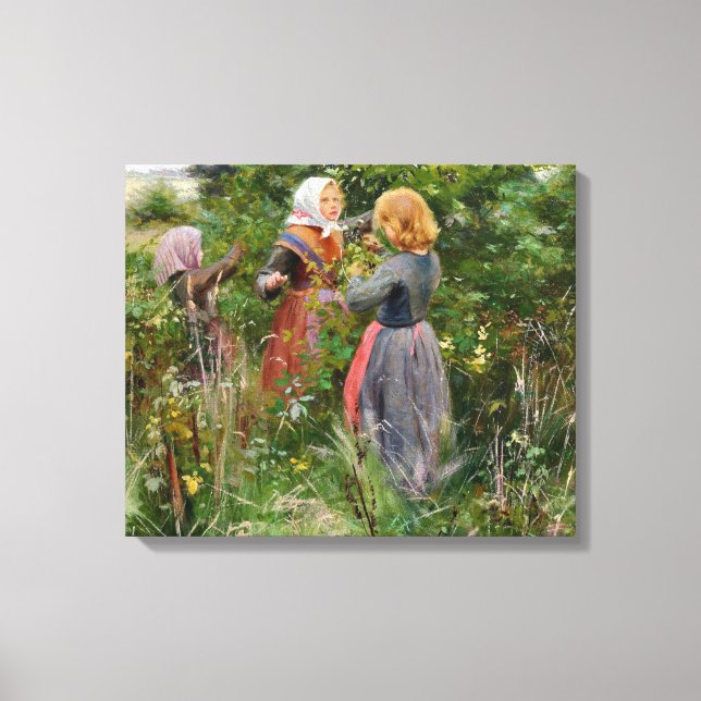 Tre flickor Picking Blackbär (av Brendekilde) Canvastryck (Framsida)