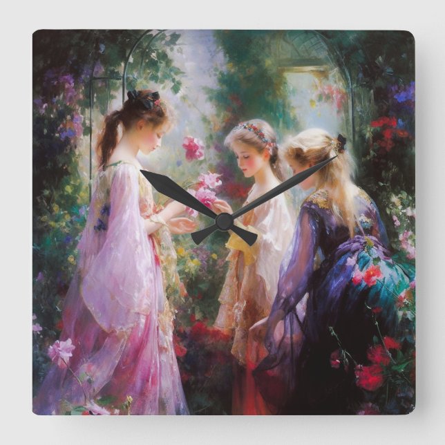 Tre flickor som leker i en trädgård  fyrkantig klocka (Framsida)
